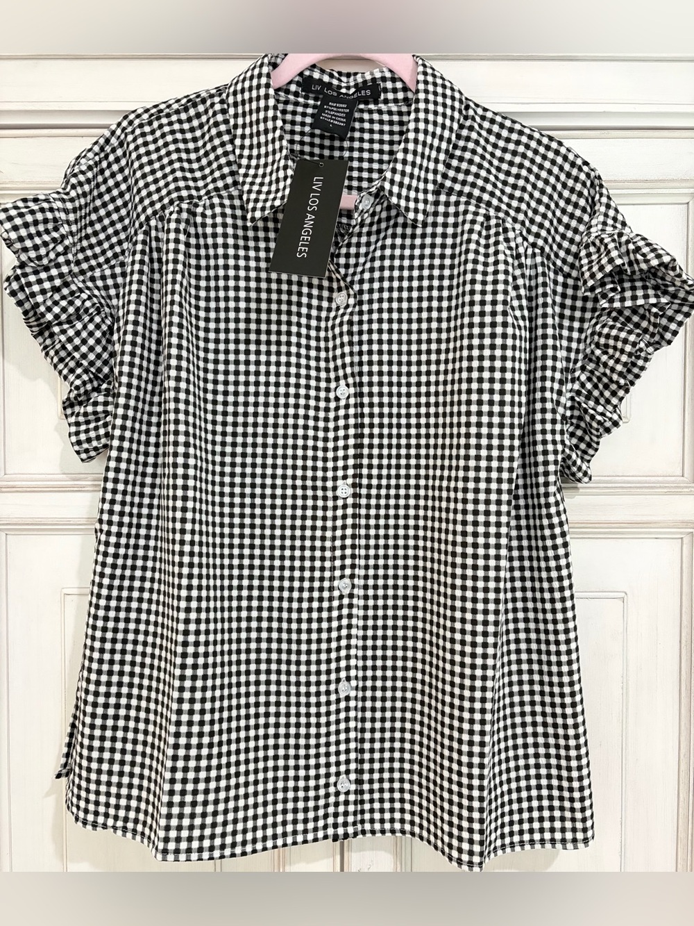 NWT SZ L Liv Los Angeles Black & White Gingham Button-Down Shirt Ruffle Sleeve